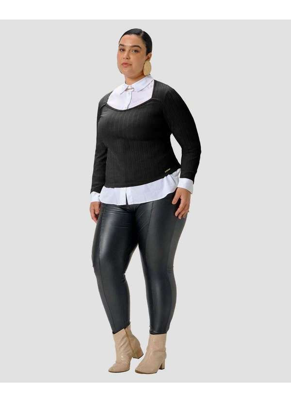 Cereja Rosa - Blusa Plus Size Manga Longa Canelada Preto