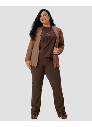 Cereja Rosa - Cardigan Feminino Plus Size em Viscose Canelada Marrom - CEREJA ROSA