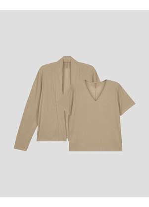 Cereja Rosa - Conjunto Plus Size Blusa e Cardigan Canelado Bege - CEREJA ROSA