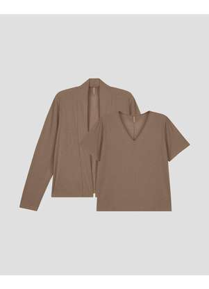 Cereja Rosa - Conjunto Plus Size Blusa e Cardigan Canelado Marrom - CEREJA ROSA