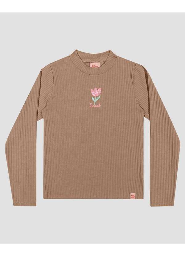 Kely Kety - Blusa Infantil Manga Longa Canelada com Estampa Marrom