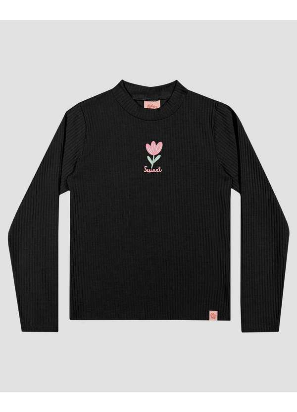 Kely Kety - Blusa Infantil Manga Longa Canelada com Estampa Preto