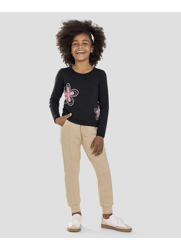 Kely Kety - Blusa Infantil Menina Manga Longa com Estampa Flor Preto
