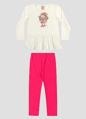 Kely Kety - Conjunto Infantil Menina Blusa Manga Longa e Legging Branco - KELY KETY