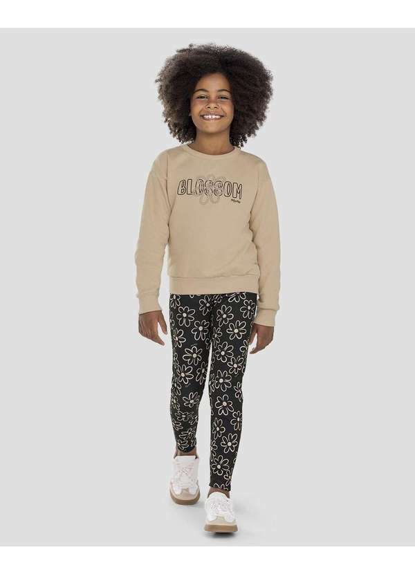 Kely Kety - Conjunto Infantil Menina Blusão e Legging Floral Bege