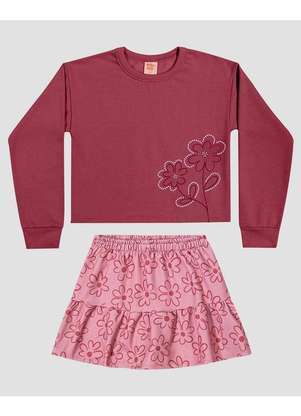 Kely Kety - Conjunto Infantil Menina Blusão e Saia Estampada Bordô - KELY KETY