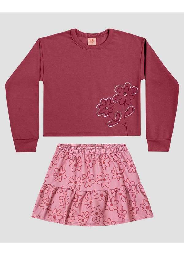 Kely Kety - Conjunto Infantil Menina Blusão e Saia Estampada Bordô