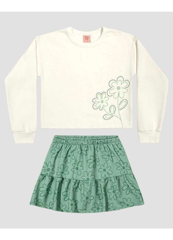 Kely Kety - Conjunto Infantil Menina Blusão e Saia Estampada Branco