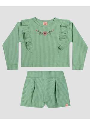 Kely Kety - Conjunto Infantil Menina Blusão e Shorts em Moletom Verde - KELY KETY