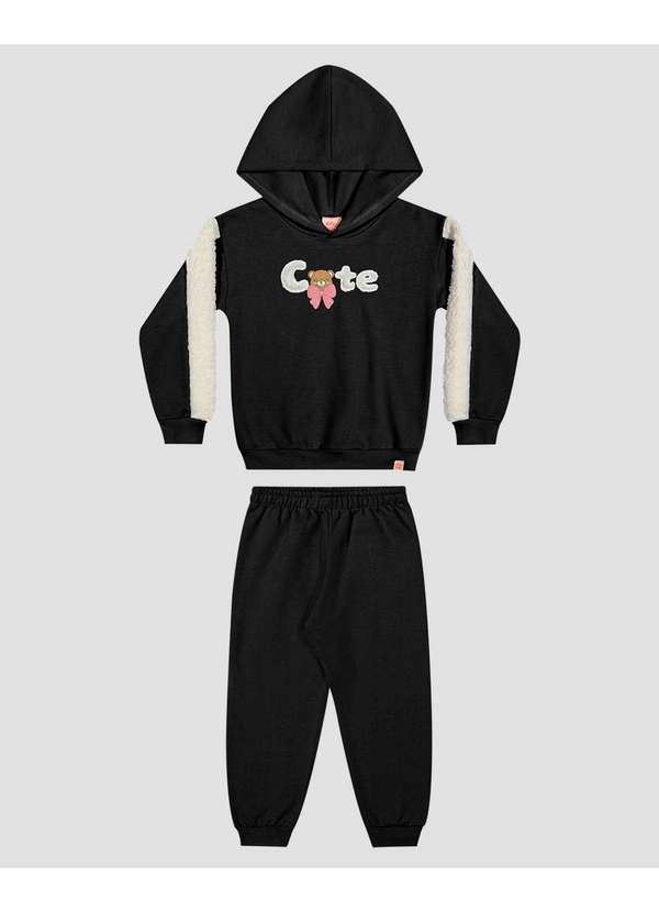 Kely Kety - Conjunto Infantil Menina em Moletom com Pelúcia Preto