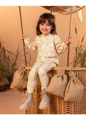 Kely Kety - Conjunto Infantil Menina Jaqueta e Calça Estampada Amarelo - KELY KETY