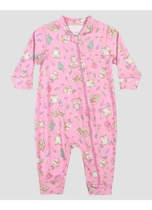Kely Kety - Macacão Bebê Menina em Malha Felpada Estampado Rosa - KELY KETY