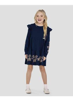 Kely Kety - Vestido Infantil Manga Longa com Estampa e Babado Azul - KELY KETY