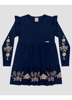 Kely Kety - Vestido Infantil Manga Longa com Estampa e Babado Azul - KELY KETY