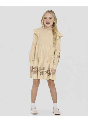 Kely Kety - Vestido Infantil Manga Longa com Estampa e Babado Bege - KELY KETY