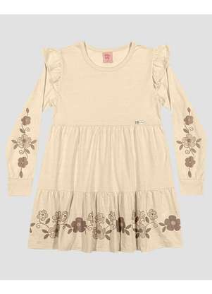 Kely Kety - Vestido Infantil Manga Longa com Estampa e Babado Bege - KELY KETY