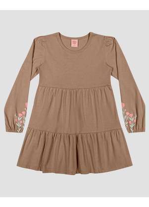 Kely Kety - Vestido Infantil Manga Longa em Meia Malha com Estampa Marrom - KELY KETY