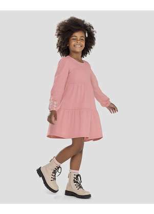 Kely Kety - Vestido Infantil Manga Longa em Meia Malha com Estampa Rosa - KELY KETY