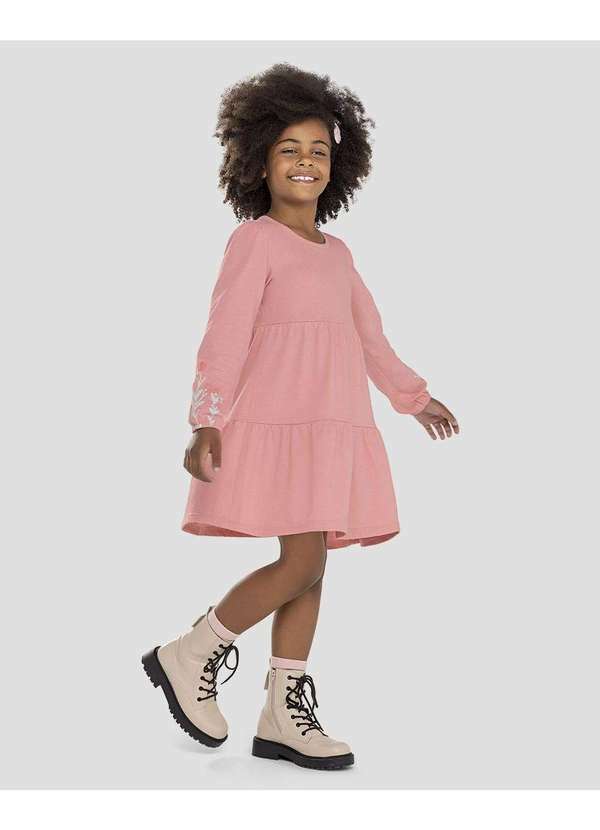 Kely Kety - Vestido Infantil Manga Longa em Meia Malha com Estampa Rosa