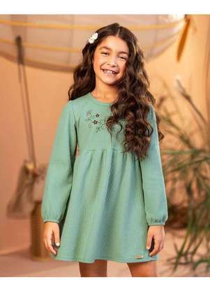 Kely Kety - Vestido Infantil Manga Longa em Moletom Persa Verde - KELY KETY