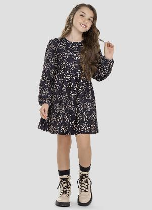 Kely Kety - Vestido Infantil Manga Longa Estampado em Malha Felpada Preto - KELY KETY