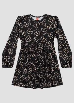 Kely Kety - Vestido Infantil Manga Longa Estampado em Malha Felpada Preto - KELY KETY