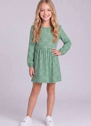 Kely Kety - Vestido Infantil Manga Longa Estampado em Malha Felpada Verde - KELY KETY