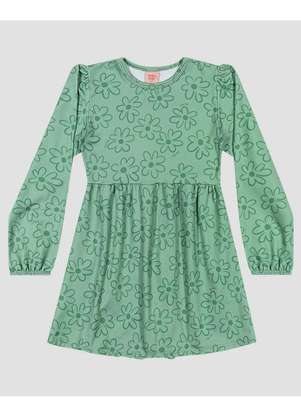 Kely Kety - Vestido Infantil Manga Longa Estampado em Malha Felpada Verde - KELY KETY