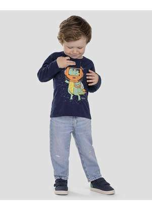 Reirex - Camiseta Bebê Menino Manga Longa Dino Astronauta Azul - REIREX