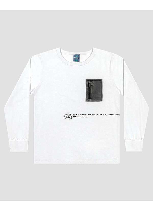 Reirex - Camiseta Infantil Menino Manga Longa com Bolso Branco