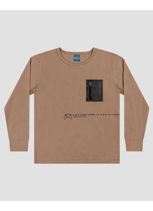 Reirex - Camiseta Infantil Menino Manga Longa com Bolso Marrom - REIREX