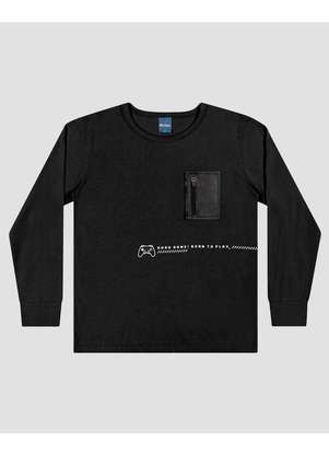 Reirex - Camiseta Infantil Menino Manga Longa com Bolso Preto - REIREX