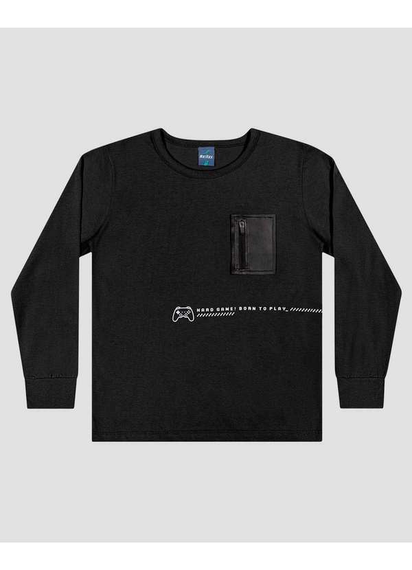 Reirex - Camiseta Infantil Menino Manga Longa com Bolso Preto