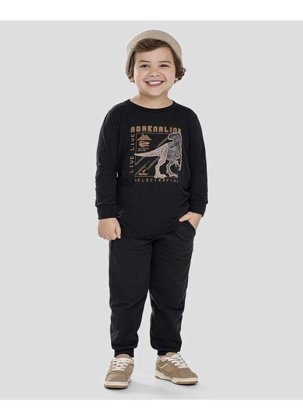 Reirex - Camiseta Infantil Menino Manga Longa Estampa Dino Preto