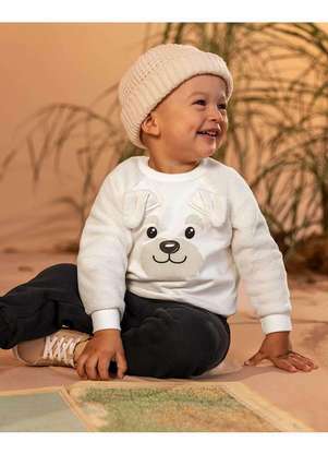 Reirex - Conjunto Bebê Menino Blusão com Orelhinhas e Calça Branco - REIREX