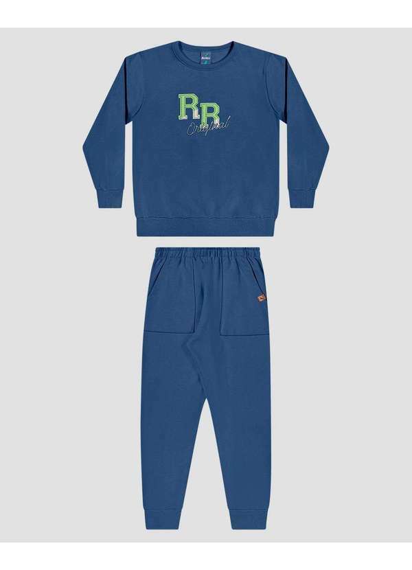 Reirex - Conjunto Infantil Menino Blusão Bordado e Calça Azul