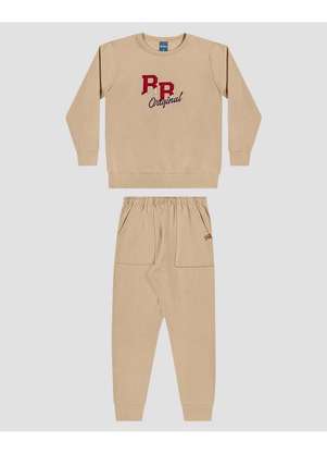 Reirex - Conjunto Infantil Menino Blusão Bordado e Calça Bege - REIREX