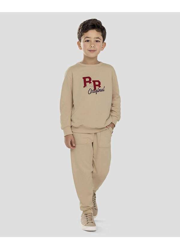 Reirex - Conjunto Infantil Menino Blusão Bordado e Calça Bege