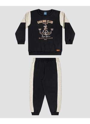 Reirex - Conjunto Infantil Menino Blusão e Calça Moletom Náutico Preto - REIREX