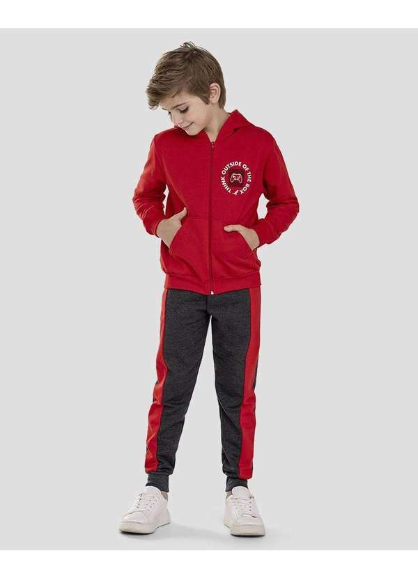 Reirex - Conjunto Infantil Menino Jaqueta Estampa Game e Calça Vermelho