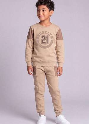 Reirex - Conjunto Infantil Menino Moletom com Recortes Bege - REIREX
