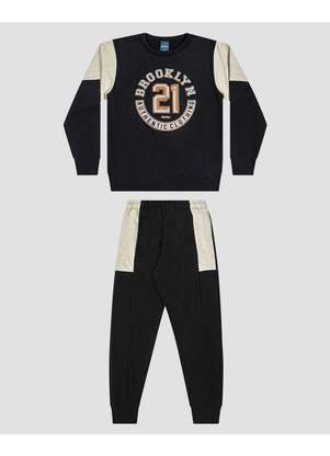Reirex - Conjunto Infantil Menino Moletom com Recortes Preto - REIREX