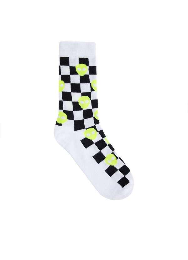 Stz - Meia Cano Alto Stz 39-43 Alien Xadrez Neon Branco Colorido