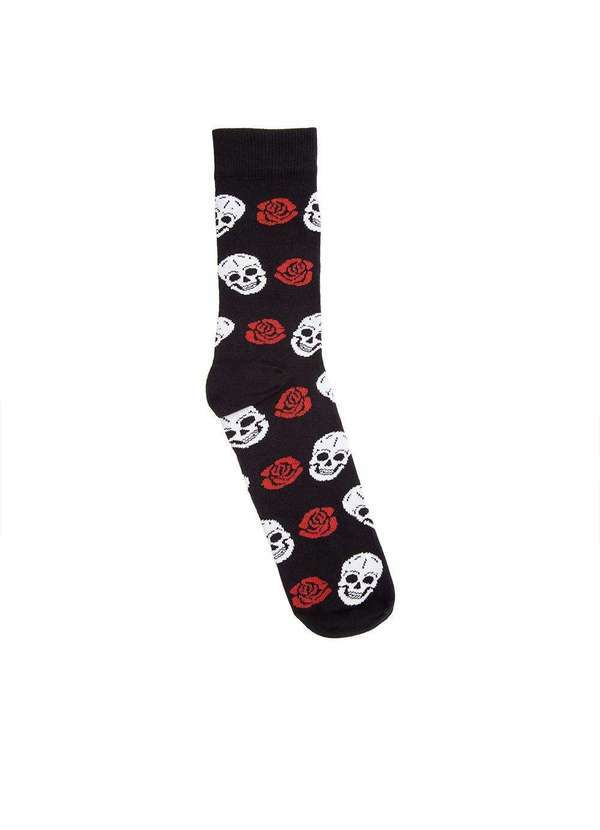Stz - Meia Cano Alto Stz 39-43 Rosas Caveiras Preto Preto
