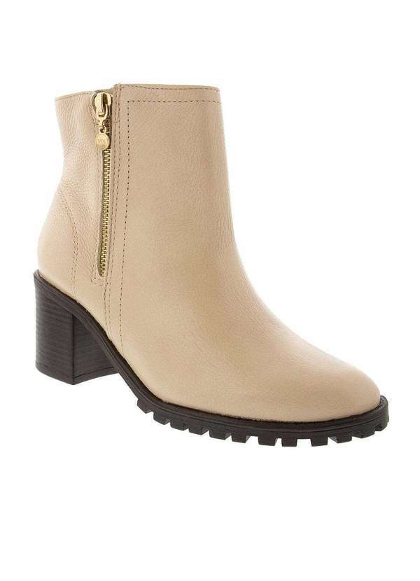 Via Marte - Bota Ankle Boot Via Marte Salto Bloco com Zíper Couro Nude 216005 Bege