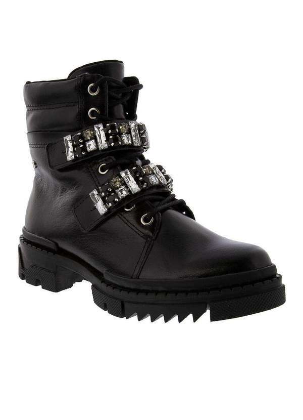 Tanara - Bota Coturno Tanara Tratorado com Pedraria Couro Preto Preto