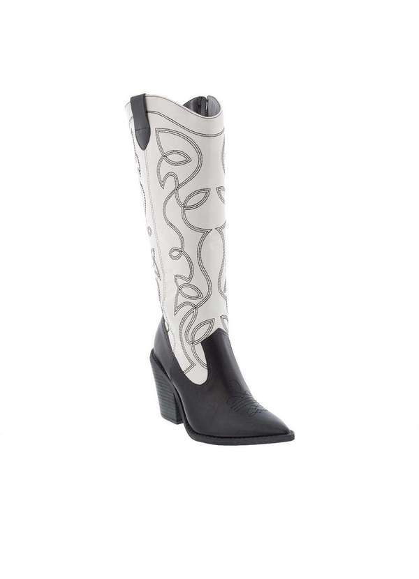 Gabriela - Bota Country Gabriela Cano Alto Salto Grosso Bordado Off White Preto