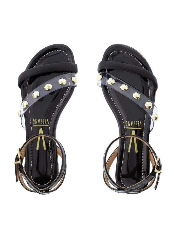 Sandália Rasteira Vizzano com Rebites Verniz Vinil Preto Preto