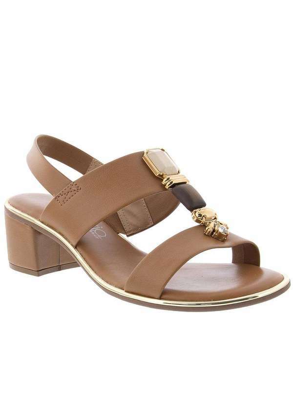 Beira Rio Conforto - Sandália Beira Rio Conforto Salto Bloco Detalhe Pedraria Caramelo Caramelo