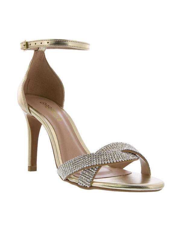 Gabriela - Sandália Gabriela Salto Fino Strass Metalizada Dourada Prata